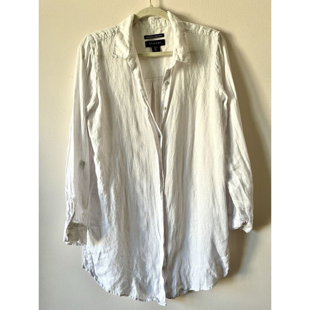 Tahari Essentials White 100% Linen Roll Tab Sleeve Button up Tunic Shirt Medium